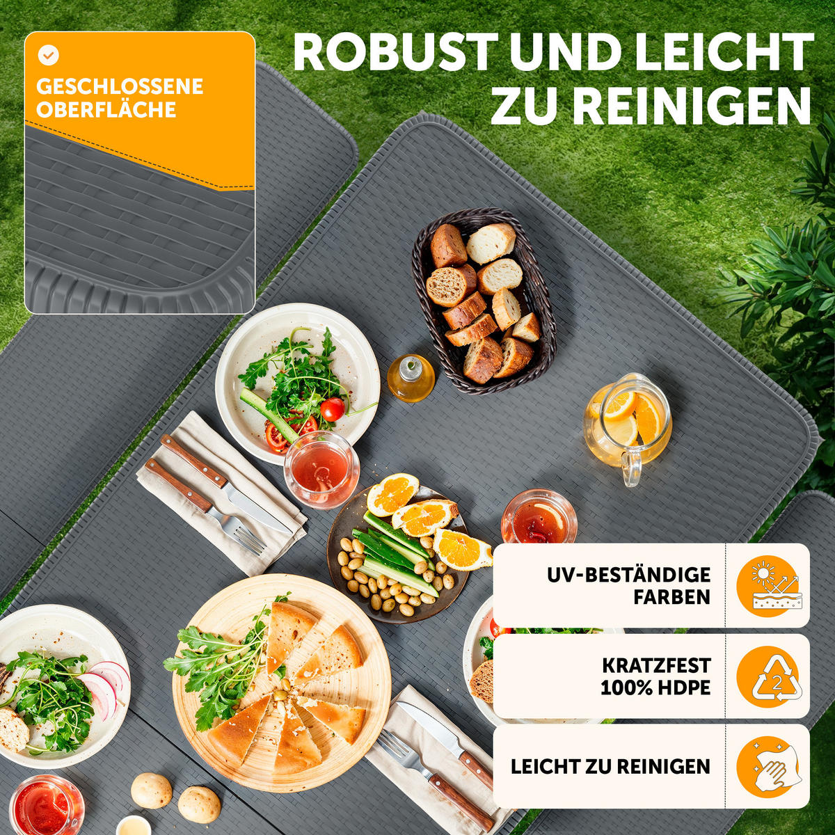 BIERZELTGARNITUR 3-teilig, 2x Bank & 1x Tisch in Grau mit Rattanmuster - Grau, Kunststoff - Blumtal