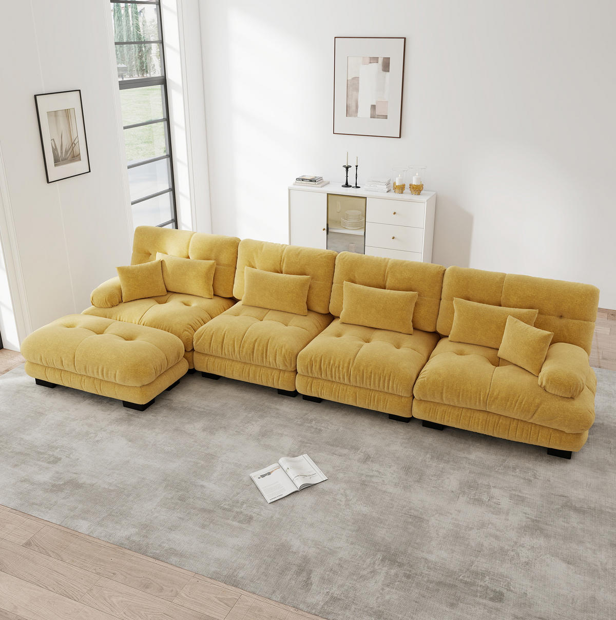 SOFA modular mit beweglichen Ottomans Chenille Yellow - Gelb, Kunststoff (145/406.1cm) - Meubliv