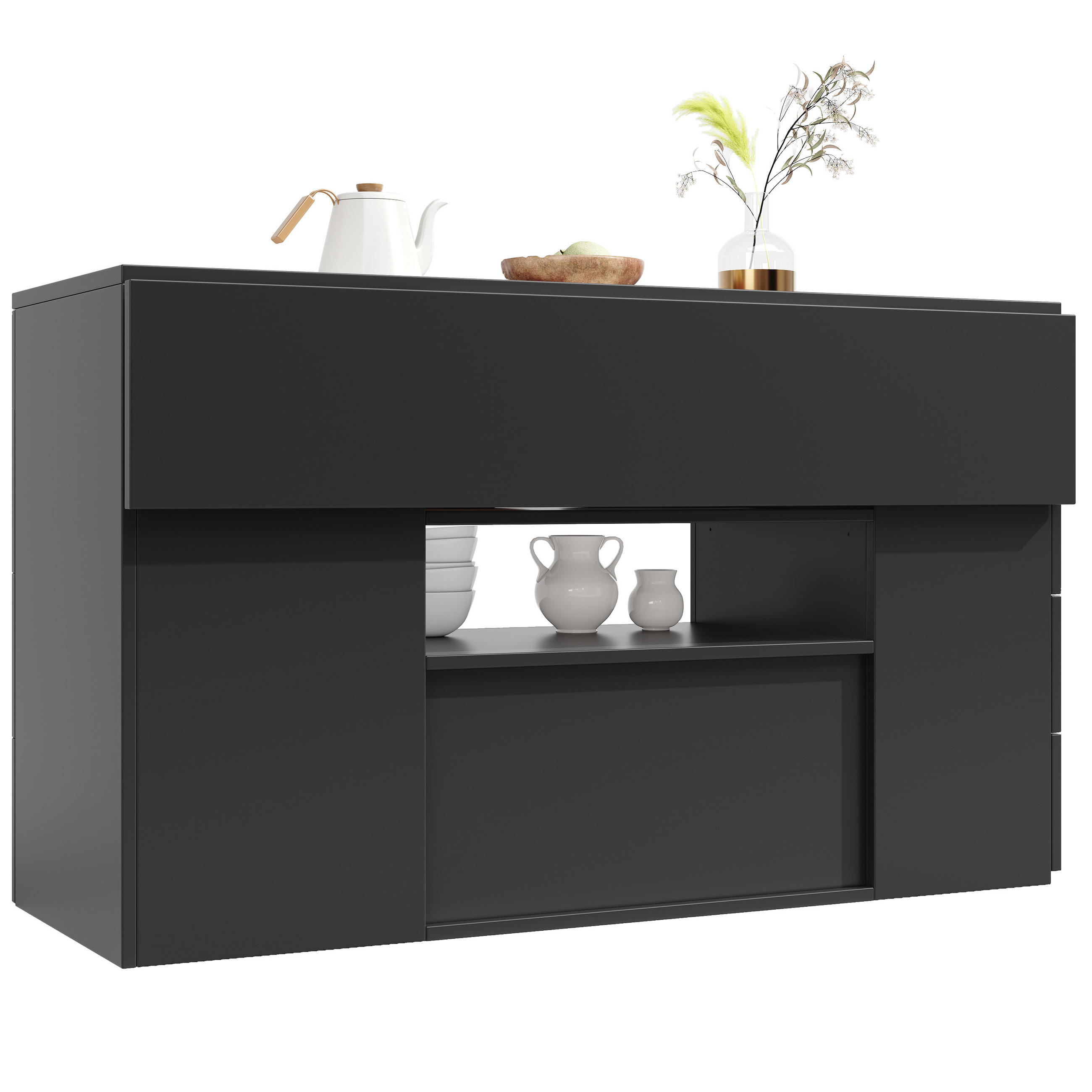 KÜCHENINSEL DE-41175 140/40-70/89 cm mit Barhocker und 6 Schubladen Weiß - Schwarz, Holzwerkstoff (140/89/40cm) - ComfortXL