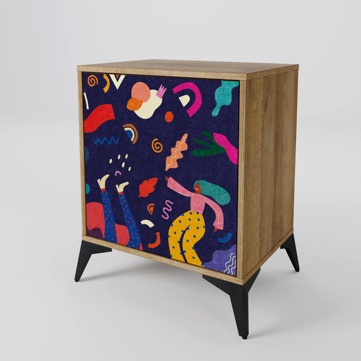 SIDEBOARD FESTIVE PLEASURES, Eichefarben, 57,5x42x67,5 cm, Schwarze Metall-Rahmenfüße - Eichefarben/Multicolor, Holzwerkstoff/Metall (57.5/67.5/42cm) - SpaceRebels