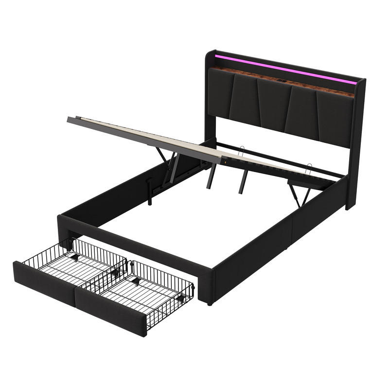 BETT 160 x 200 cm mit Stauraum, mit 2 Schubladen, LED-Beleuchtung und USB-Anschlüssen, Kopfteil - Grau, Holzwerkstoff/Textil