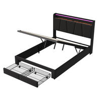 BETT 160 x 200 cm mit Stauraum, mit 2 Schubladen, LED-Beleuchtung und USB-Anschlüssen, Kopfteil - Grau, Holzwerkstoff/Textil
