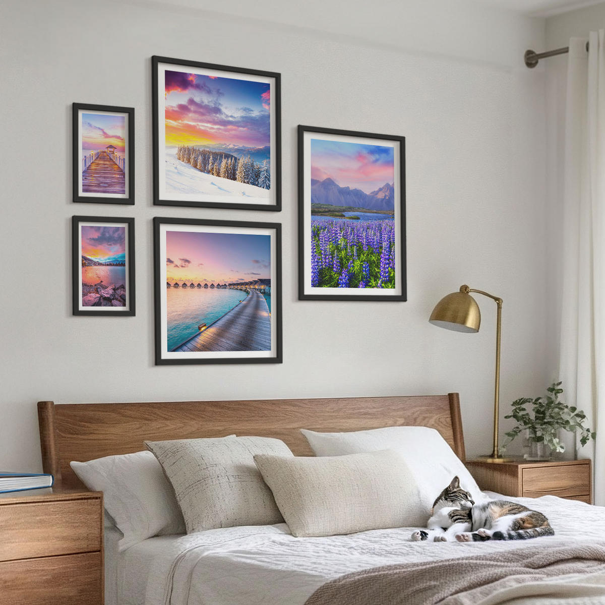 BILDER SET 5er Set - 50x50 cm & 20x30 cm & 40x60 cm Schwarzer Rahmen - Winterlandschaft des Pierbergs - Schwarz, Kunststoff (40/60cm) - TULUP