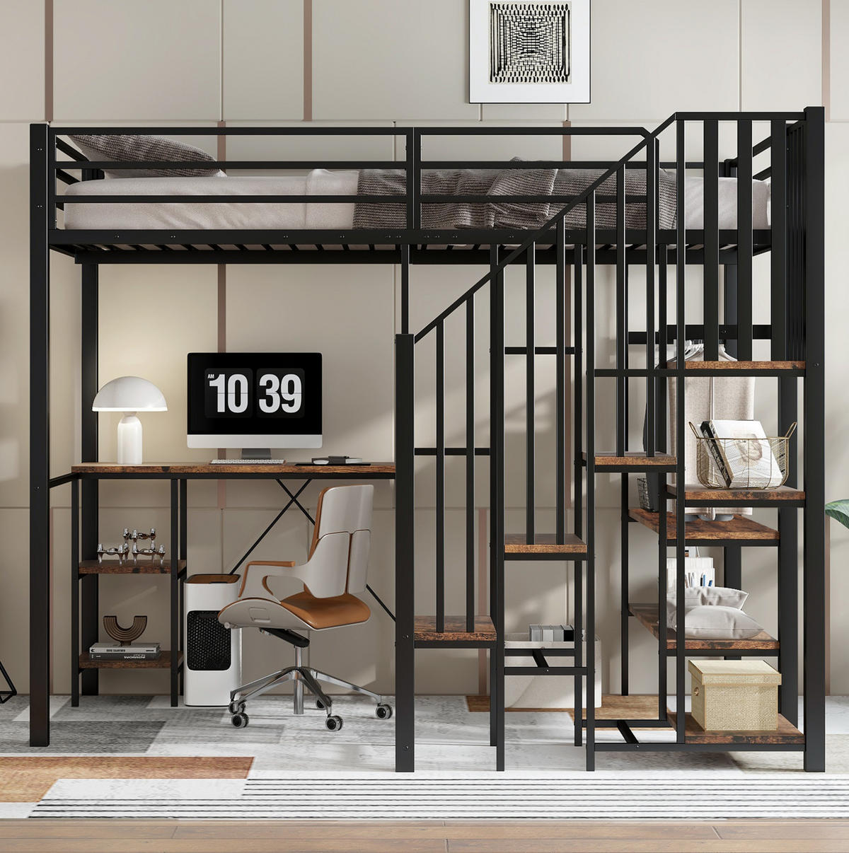 ETAGENBETT 120/200 cm mit Schreibtisch, Regal, offenem Kleiderschrank und Eckleiter, Schwarz - Schwarz, Holzwerkstoff (120/200cm) - Redom