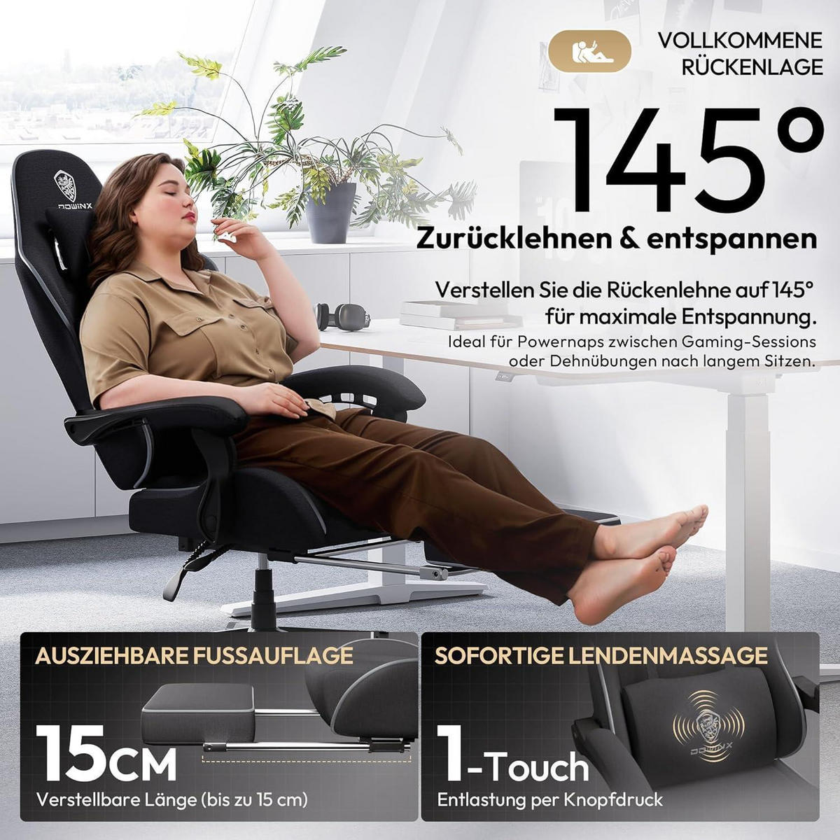 GAMING Stuhl Schwarz Übergröße mit Fußstütze - Schwarz, Textil (63/26.5/84cm)