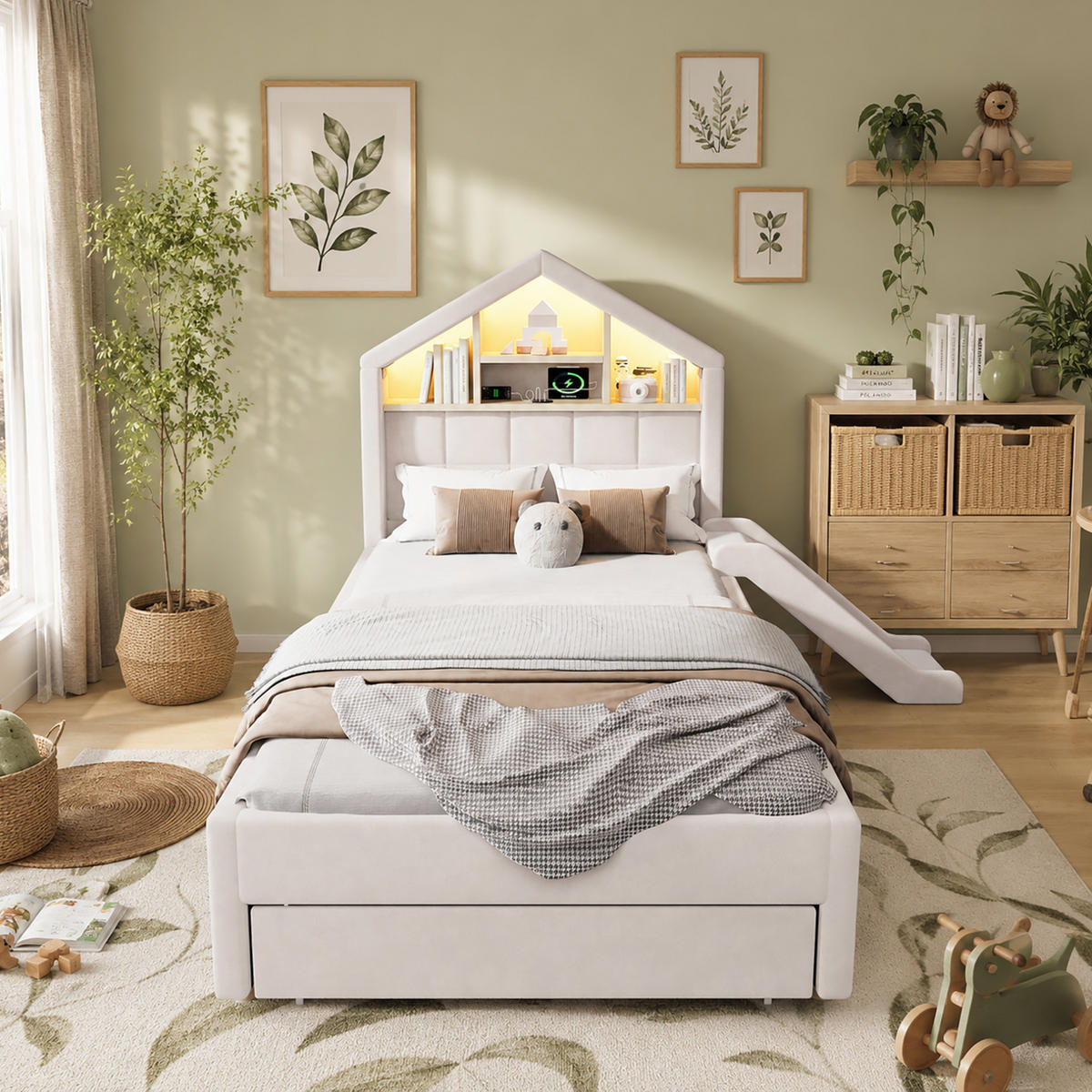 KINDERBETT-POLSTERBETT aus Samt 90x200 cm Beige mit LED-Beleuchtung, Ladeanschluss, Rutsche und Bettkasten - Beige, Textil (90/200cm) - Modfu