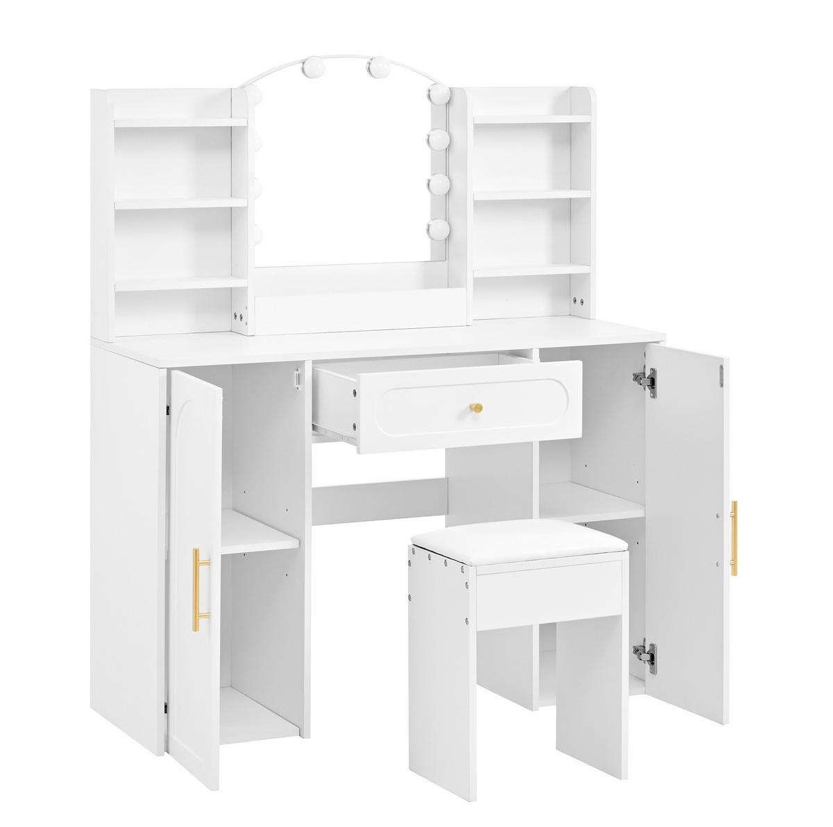 SCHMINKTISCH aus MDF und Spanplatte 110x40x132 cm Weiß mit LED-Spiegel, Hocker, 2 Schränken und Schublade - Weiß, Holzwerkstoff (110/132/40cm) - Modfu