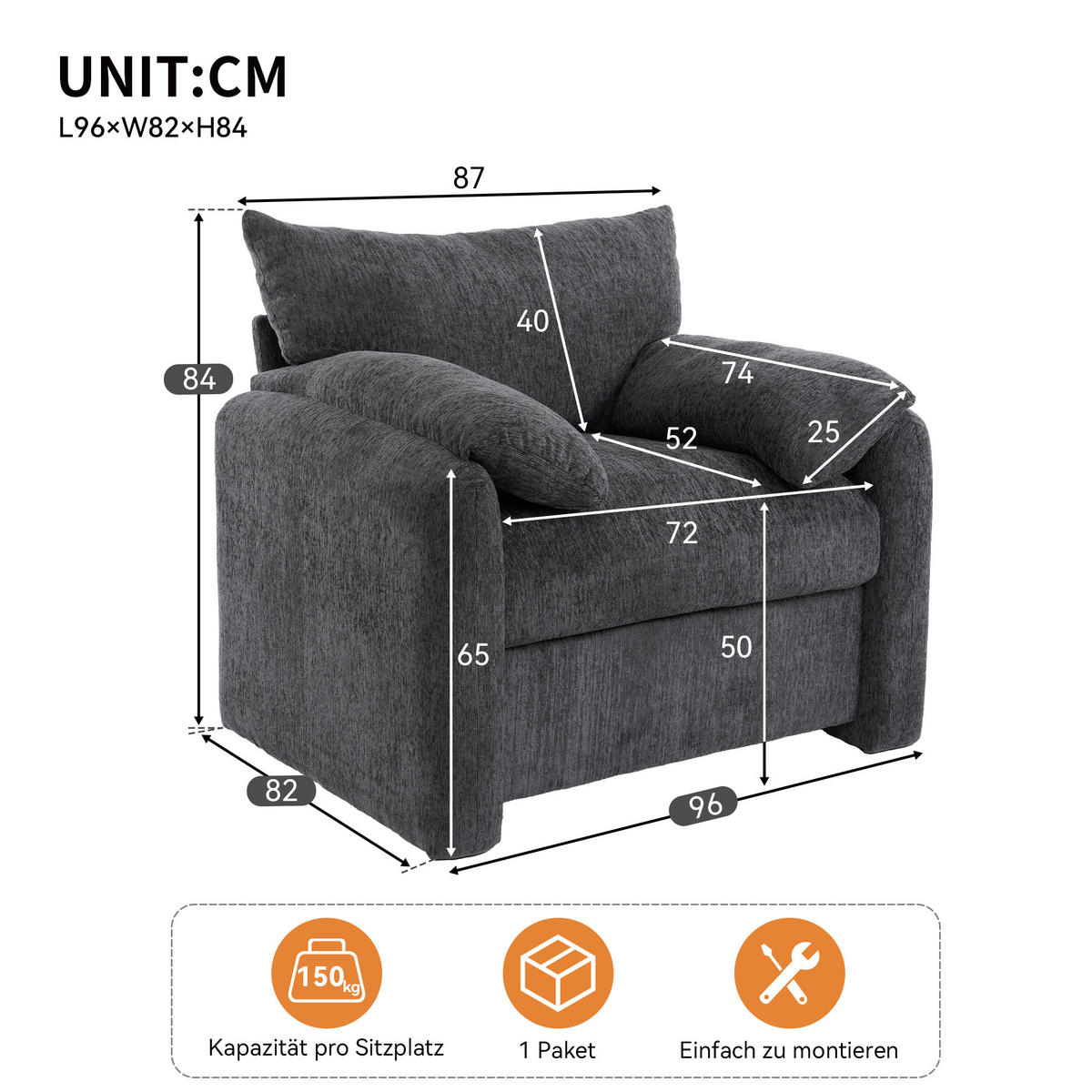 SESSEL Chenille mit breiter Sitzfläche 96/82/84 cm Grau - Grau, Textil (82/84/96cm) - Redom