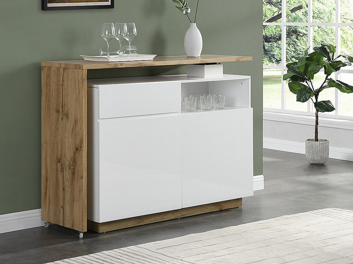 BARMÖBEL drehbar mit 2 Türen, 1 Schublade & 1 Ablage - MDF - Weiß lackiert & Naturfarben - ELDIR - Naturfarben, Holz (130/95/40cm) - Vente-Unique