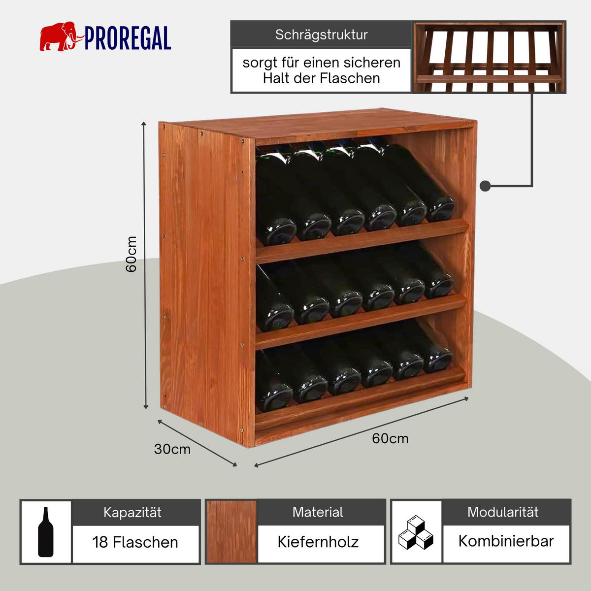 WEINREGAL Vincellar Mod 60x60x30 cm Schräg Modul Für 18 Flaschen Massives Kiefernholz Braun Geölt - Braun, Holz (60/60/30cm) - PROREGAL