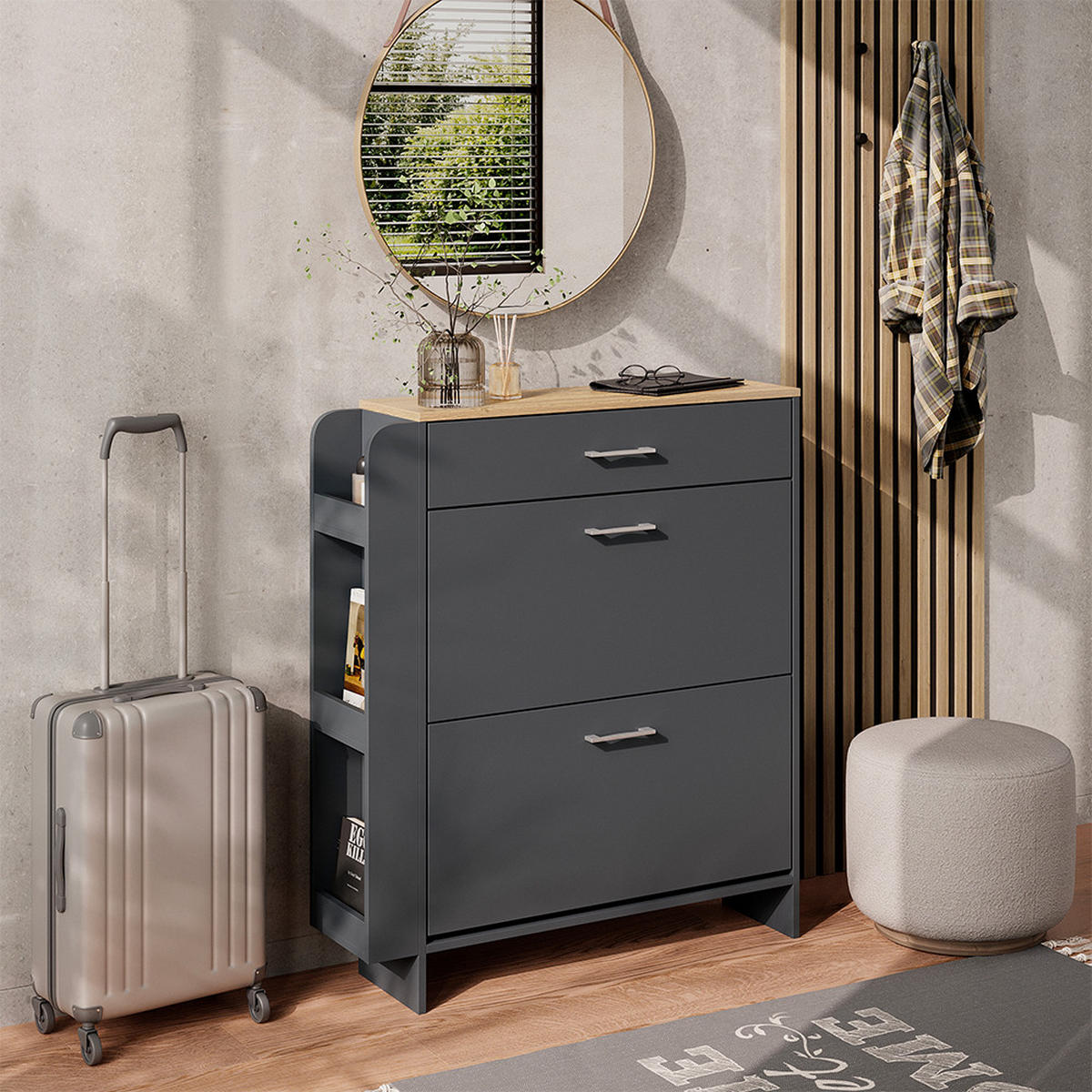 SCHUHSCHRANK Movino Anthrazit/Eiche 88.4 x 101.6 cm mit offenen und geschlossenen Fächern - Eichefarben/Anthrazit, Holzwerkstoff (88.4/101.6/23.6cm) - Vicco