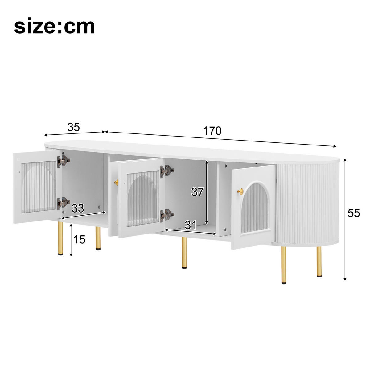 TV ormarić 170/35/55 cm bijelo-zlatni od MDF-a s 4 staklena vrata i otvorom za kabele - bijela, drvni materijal (170/55/35cm) - OKWISH