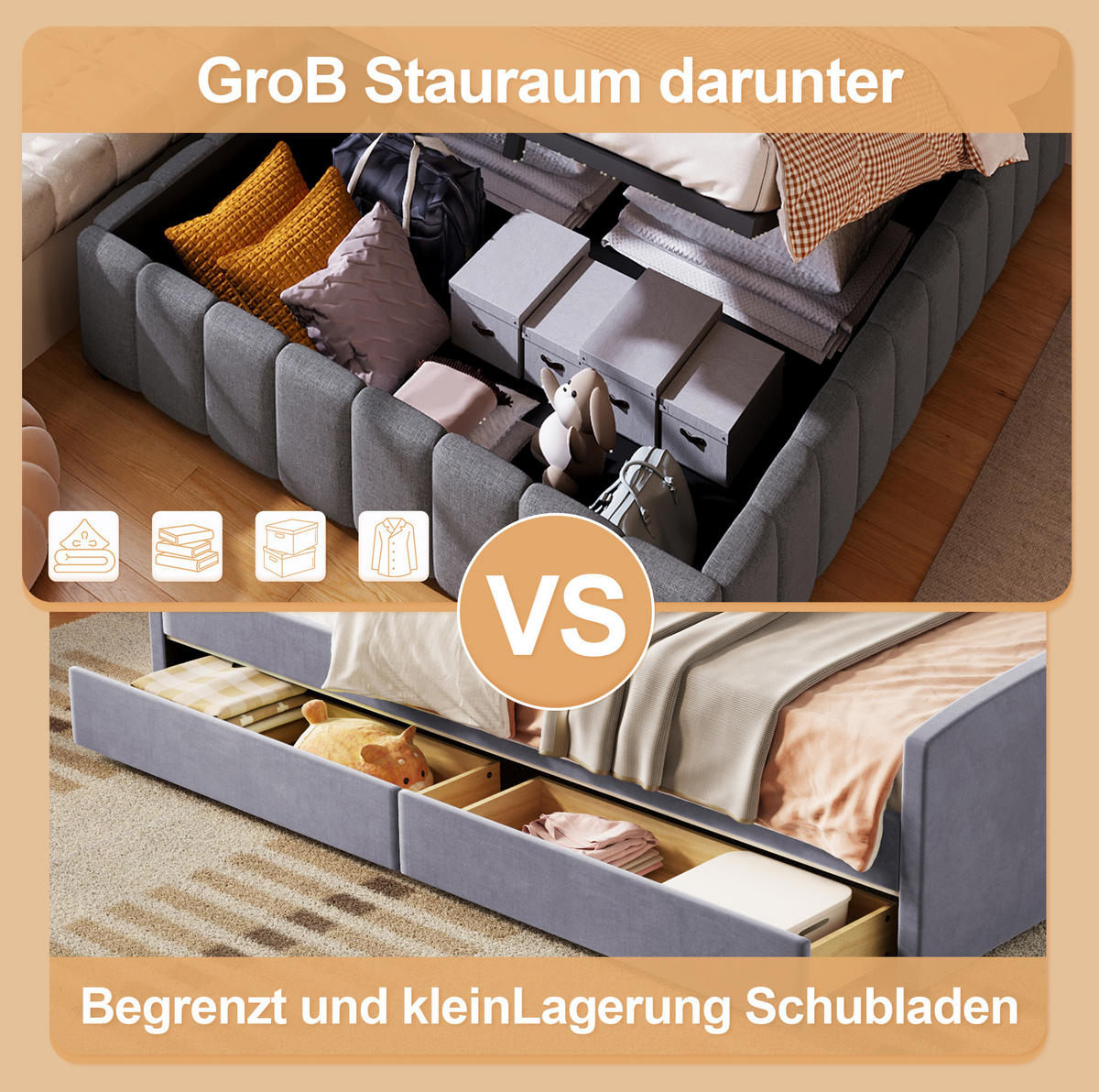 POLSTERBETT mit hydraulischem Stauraum 140x200 cm Leinen Grau - Grau, Metall (140/200cm) - Meubliv