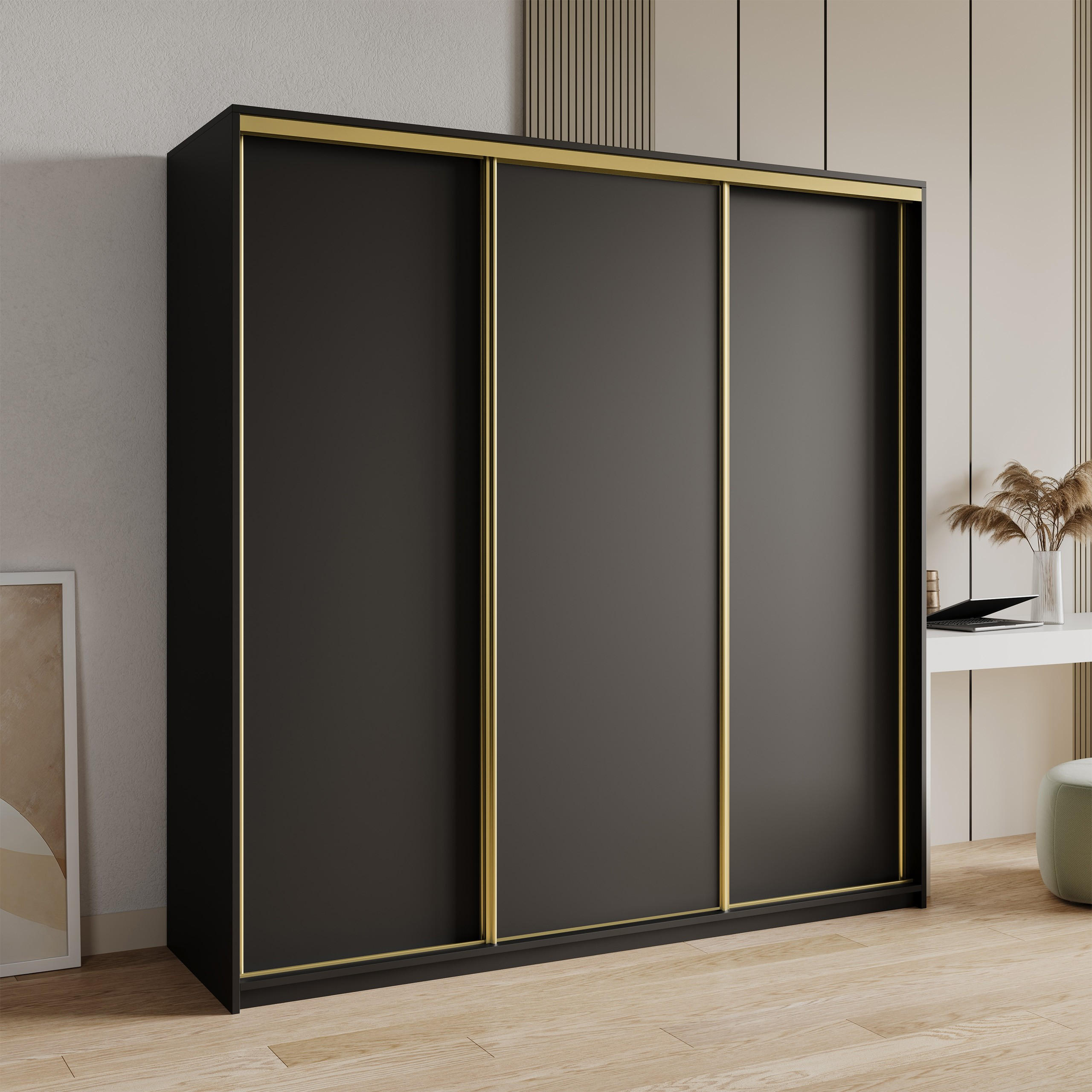 SCHWEBETÜRENSCHRANK NISSE 180/205/60 cm 3-türig mit Schubladen Schwarz - Goldfarben/Schwarz, Holzwerkstoff (180/205/60cm) - MASSENO