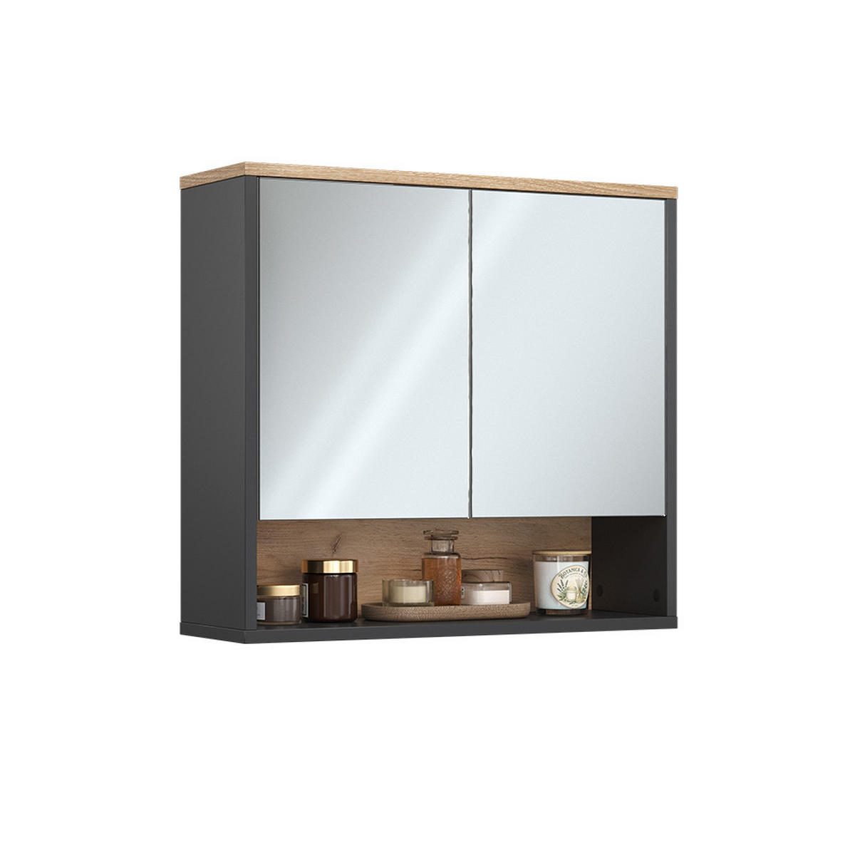 BADSPIEGELSCHRANK Eliza, Schwarz/Viking Oak, 70 x 65 cm mit 2 Türen - Eichefarben/Schwarz, Holzwerkstoff (70/65/22.1cm) - Vicco
