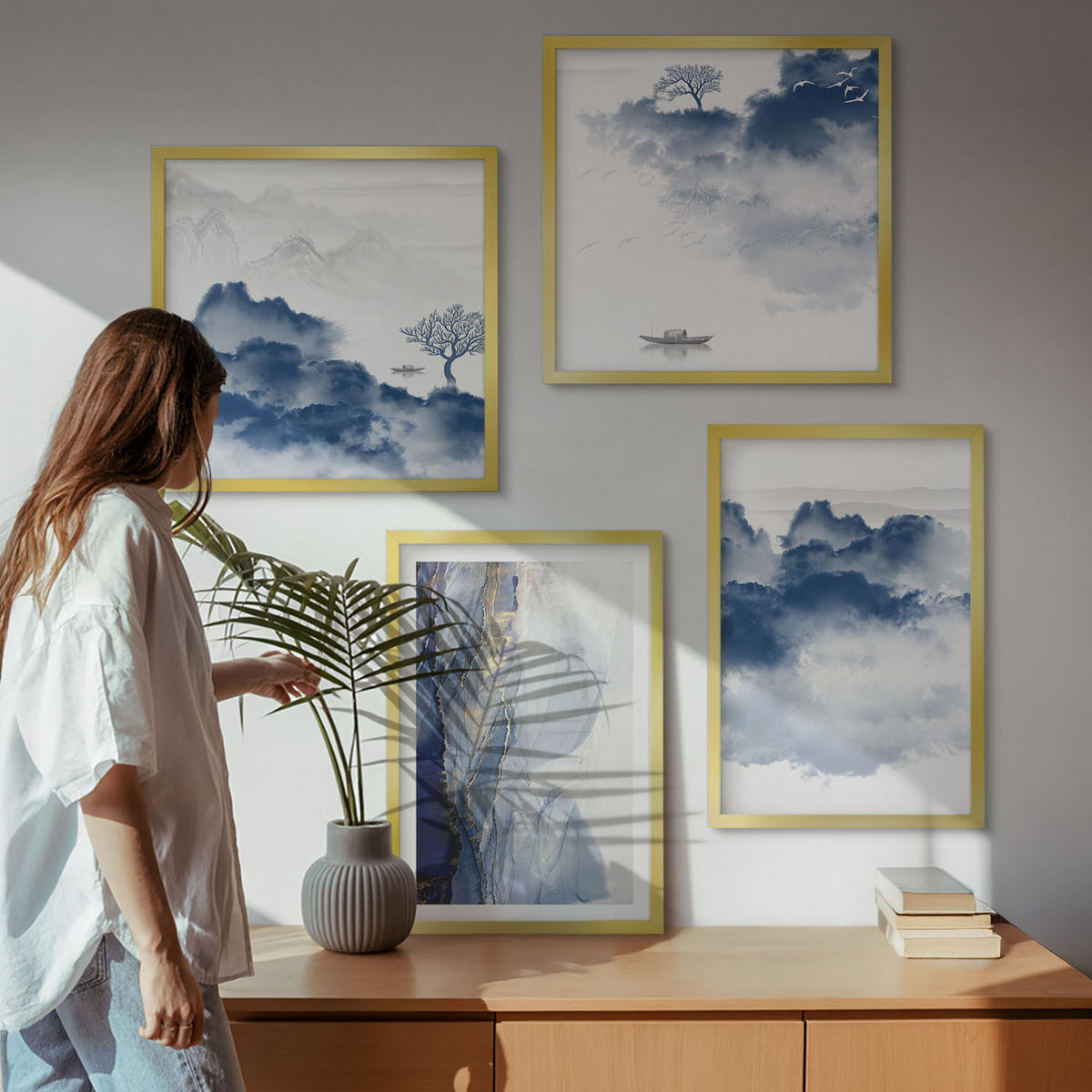 WANDBILDER 4er Set - 50x50 cm & 40x60 cm Goldrahmen - Berge, Wolken, Bäume, Vögel im Hintergrund - Goldfarben, Kunststoff (50/50cm) - ArtPrintCave