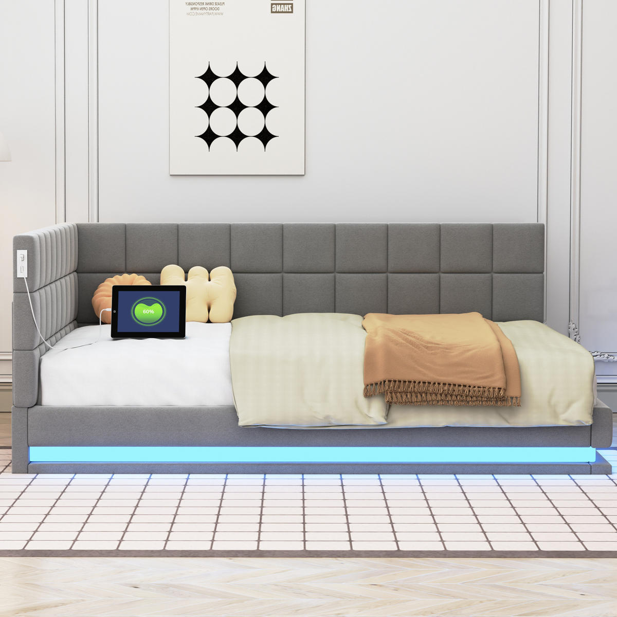 POLSTERBETT mit LED-Beleuchtung 140/200 cm mit USB und Lattenrost - Grau, Textil (140/200cm) - BEAOK