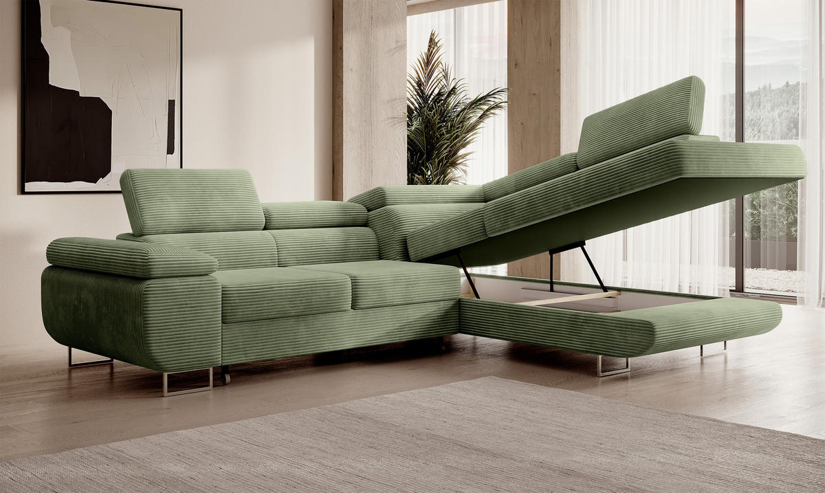 ECKSOFA Stevil Salbeigrün Cordbezug - Salbeigrün/Silberfarben, Textil/Metall (275/203cm) - Selsey