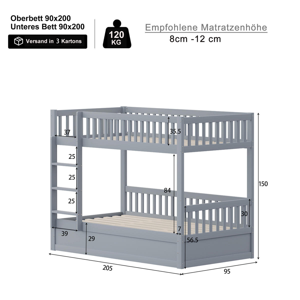 ETAGENBETT 90/200 cm aus Massivholz mit hydraulischem Stauraum in Grau - Grau, Holzwerkstoff (90/200cm) - BEAOK