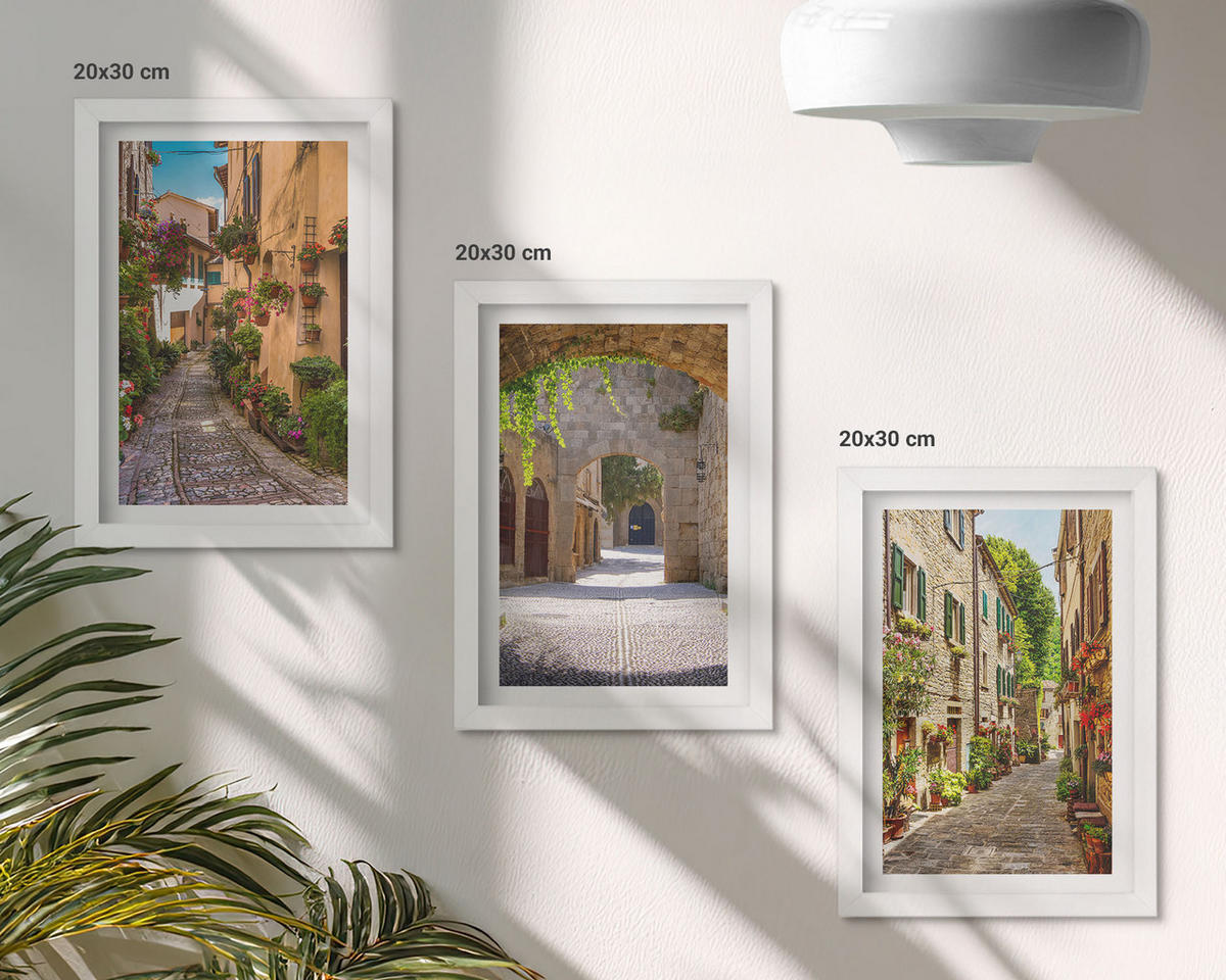 BILDER SET 3er Set - 20x30 cm Weißer Rahmen - Italienische Straßen, Blumen, Architektur - Weiß, Kunststoff (20/30cm) - TULUP