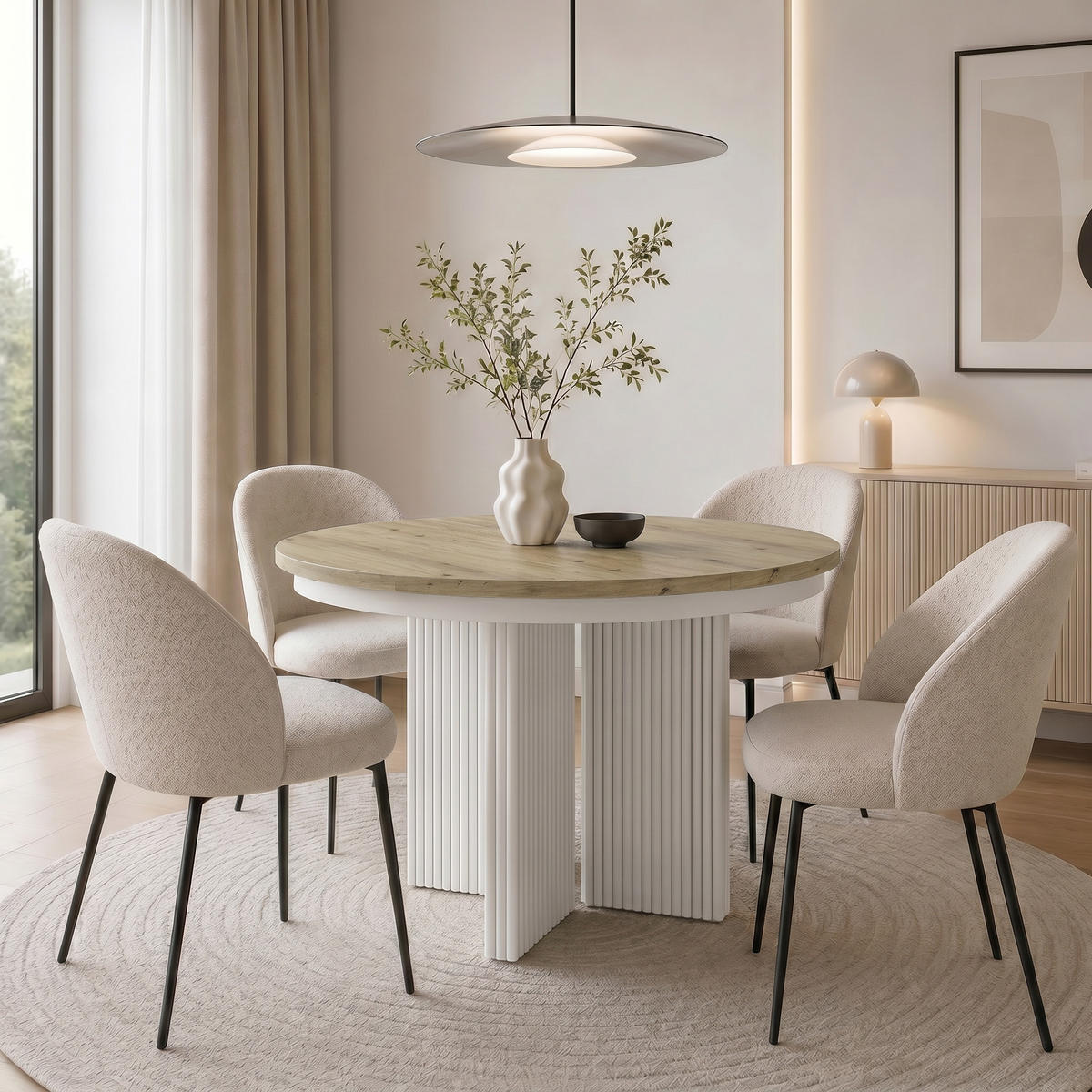 JÍDELNÍ STŮL Prestige, kulatý designový stůl, rozkládací Ø 100–180 cm, dub Artisan + bílá - bílá/barva dubu, kov (100/100/77cm) - Beautysofa