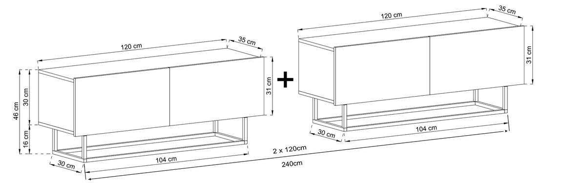 TV-LOWBOARD 2-er Set Enjoy Kaschmir Matt mit Metallrahmen 120 cm - Kaschmir/Schwarz, Holzwerkstoff/Metall (240/46/35cm) - Meble Lindner