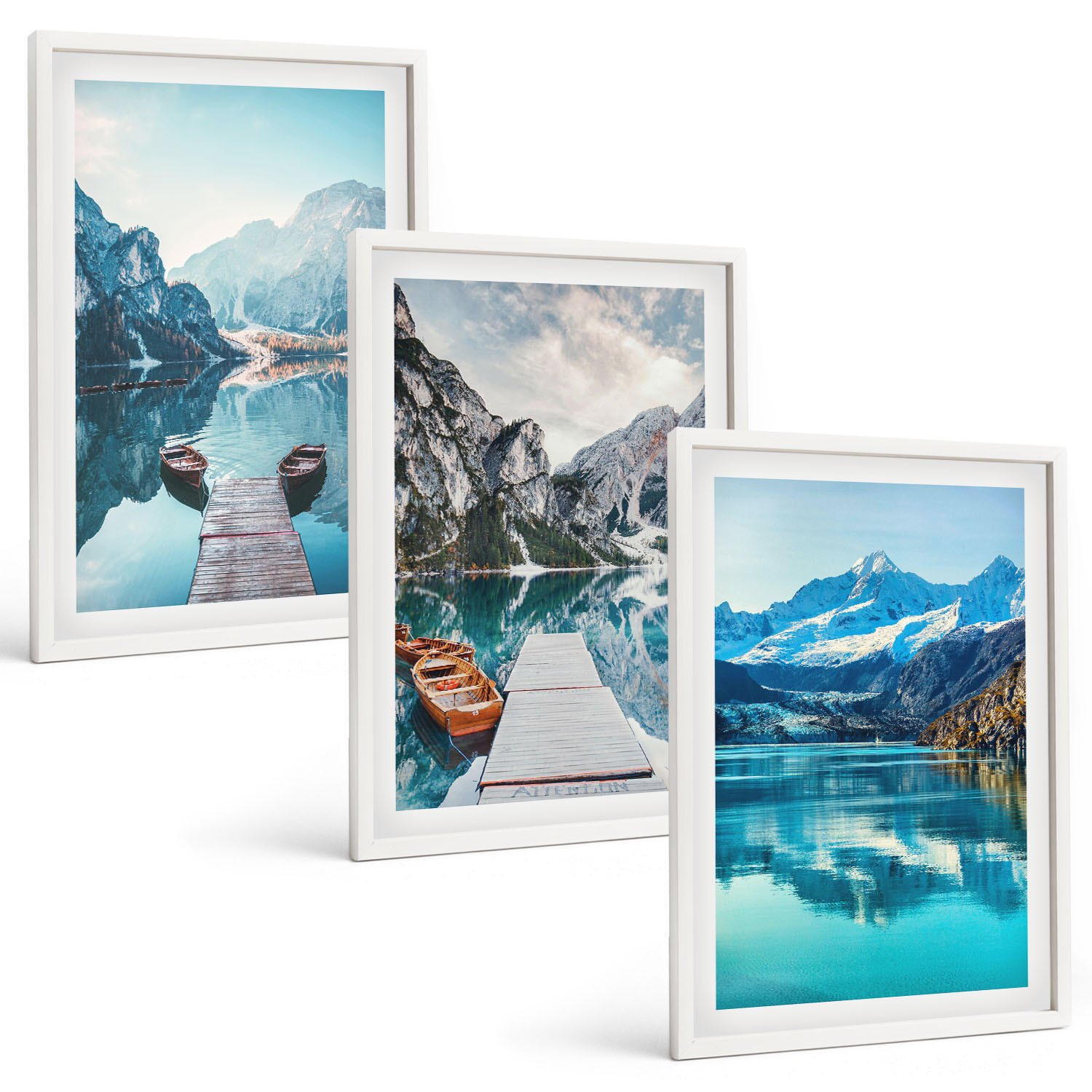 BILDER SET 3er Set - 40x60 cm Weißer Rahmen - Spiegelung der Boote auf Bergseen - Weiß, Kunststoff (40/60cm) - TULUP