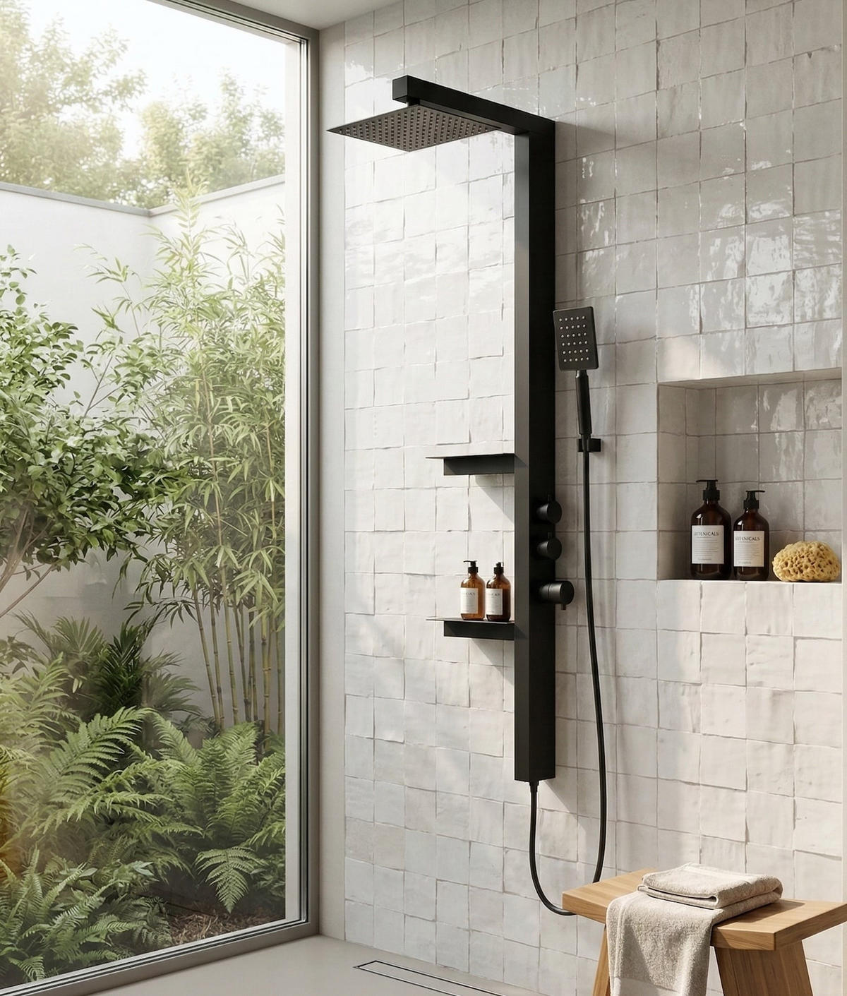 DUSCHPANEEL Avalon Schwarz Aluminium mit Mischbatterie - 145 x 3 cm - Schwarz, Holz (3/140/10cm) - Badplaats