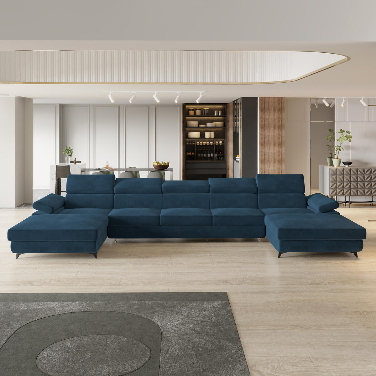 ROHOVÁ SEDAČKA VIVENTE modrá - modrá/černá, kov/dřevo (410/190cm) - MASSENO