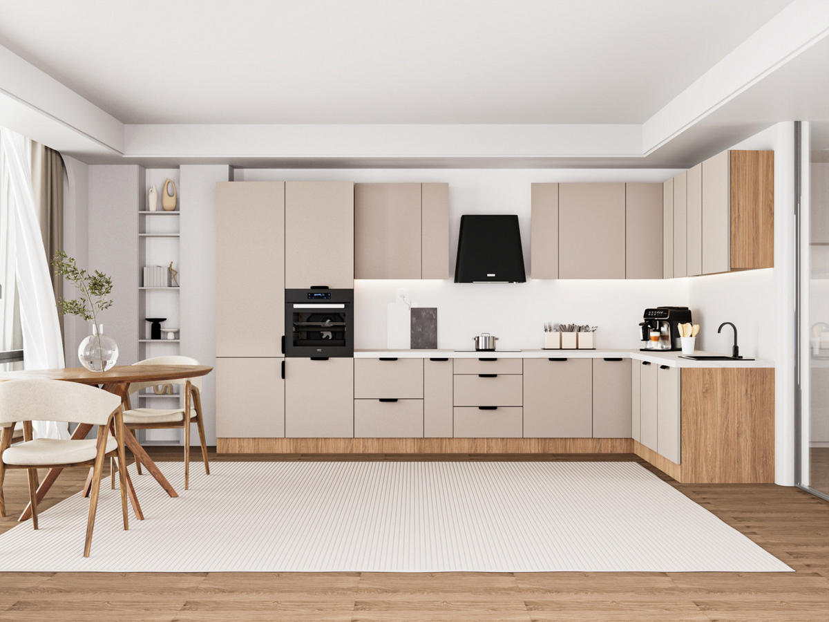 WINKELKÜCHE 405cm x 205 cm - Sorento KS5-M405 - in Beige / Sonoma Eiche - Beige/Schwarz, Holz (610/247/58cm)