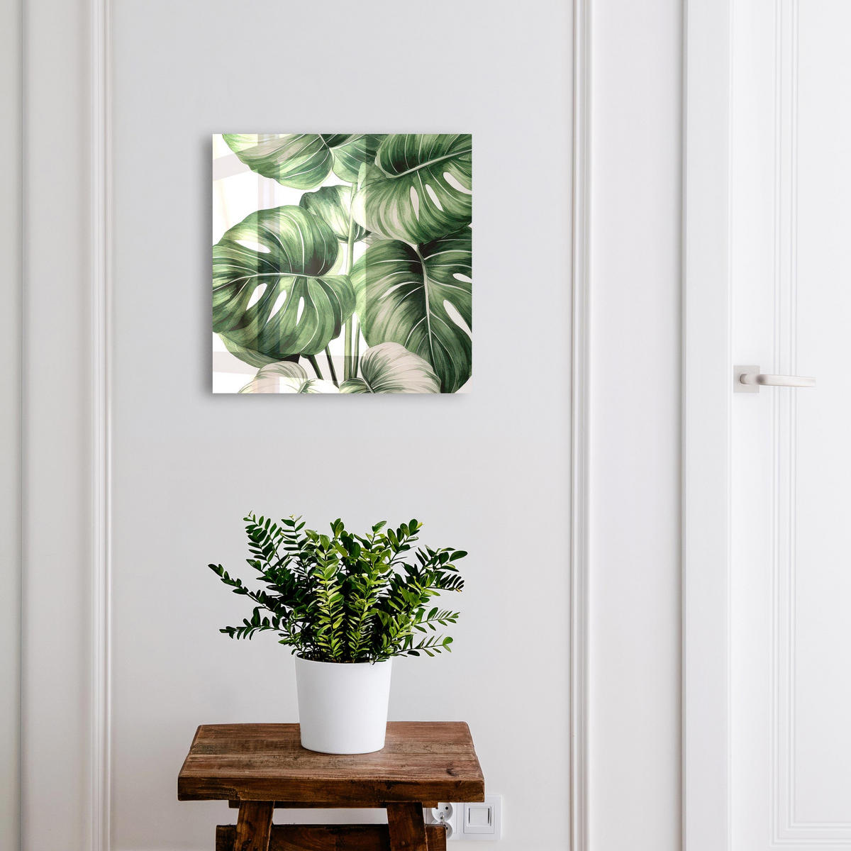 SCHLÜSSELBOX Weiß 30x30 cm – Türöffnung nach rechts - Grüne Blätter - Grün, Metall (30/30/5cm) - TULUP
