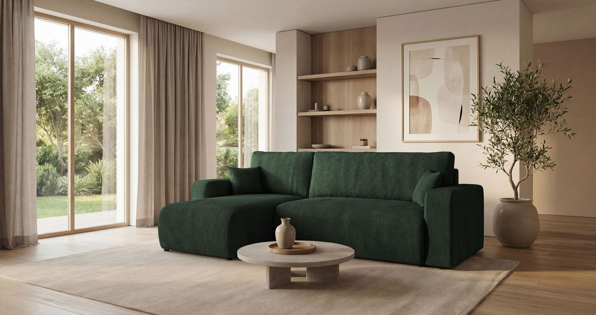 ECKSOFA PARIS links grün Cord Poso 14 - Schlaffunktion, Bettkasten - Grün, Textil (255/150cm) - Cornero