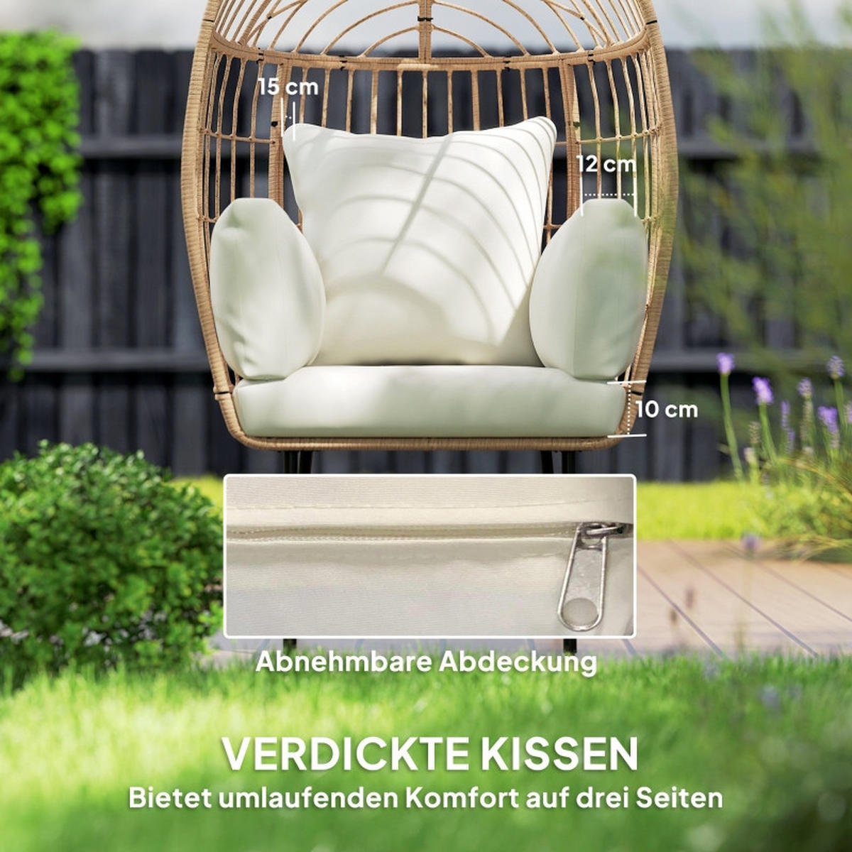 GARTENSTUHL aus Rattan 95x80x155 cm in Beige mit abnehmbaren Kissen - Beige, Metall (95/155/80cm) - Modfu
