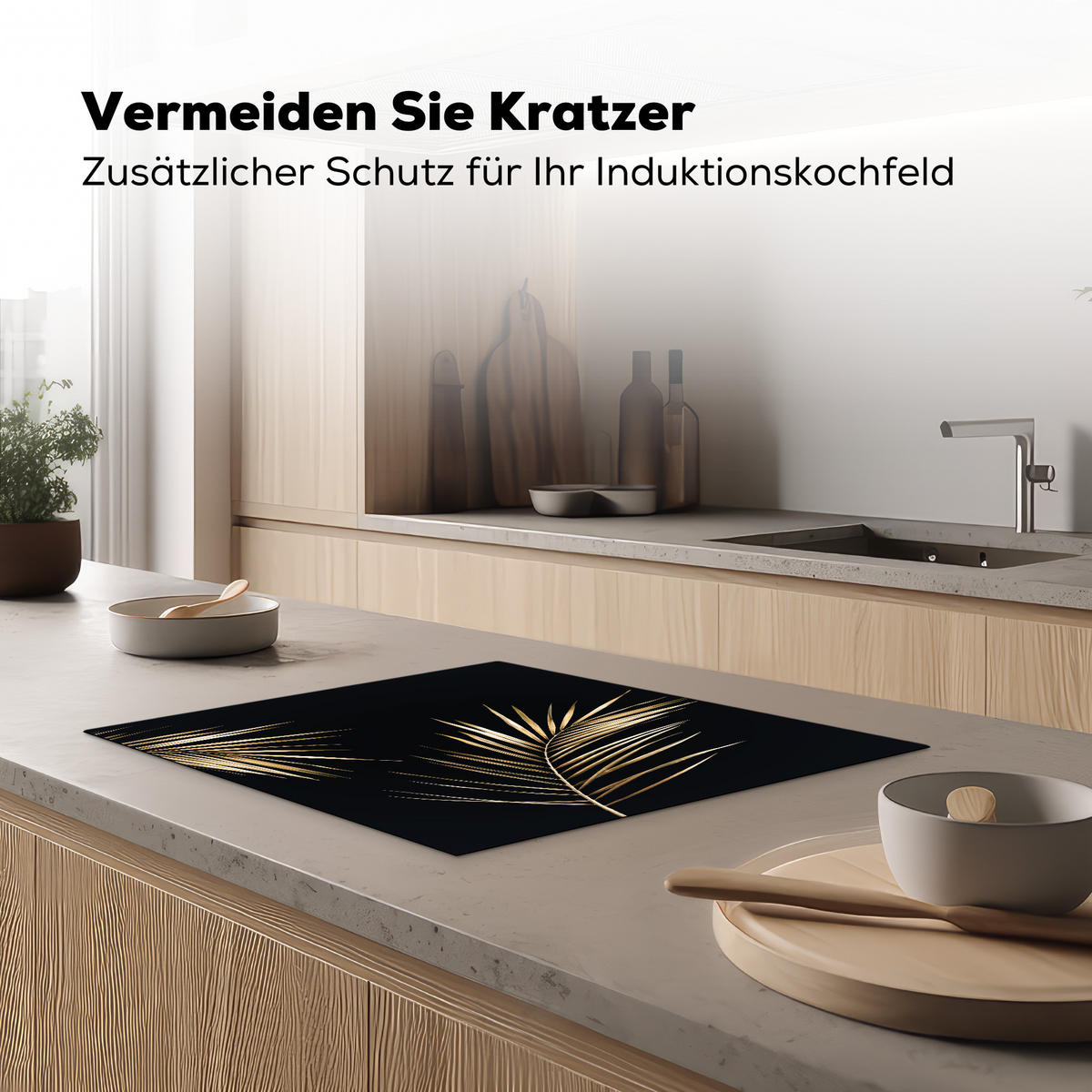 HERDABDECKPLATTE Blätter - Pflanzen - Gold - Schwarz - Luxus Herdabdeckung Induktionsfeld 65x52 cm - Goldfarben, Kunststoff (65/52/0.2cm) - MuchoWow