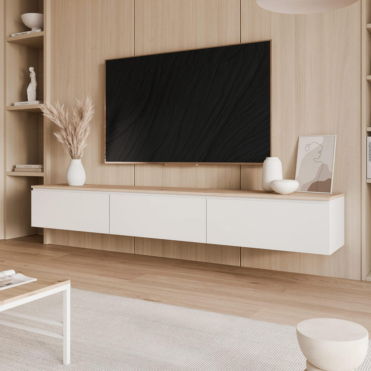 TV-LOWBOARD SELIA hängend 200 cm Weiß / Handgefertigte Eiche - Weiß, Holzwerkstoff (200/28.5/35cm) - Idohome