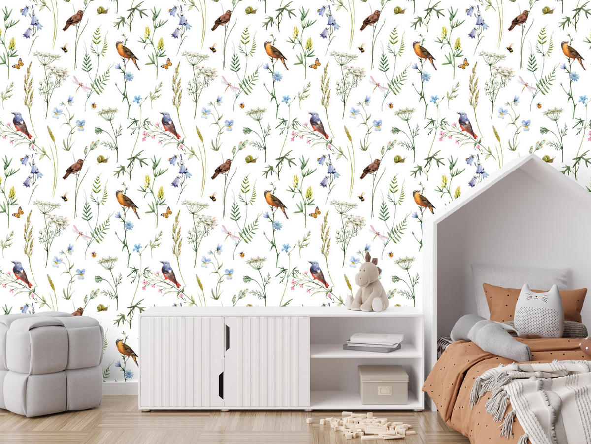 VLIESTAPETE Vögel und Blütenzweige – Grün, Bunt, Weiß – 50x1000 cm - Multicolor/Weiß, Papier (50/1000cm) - Muralo