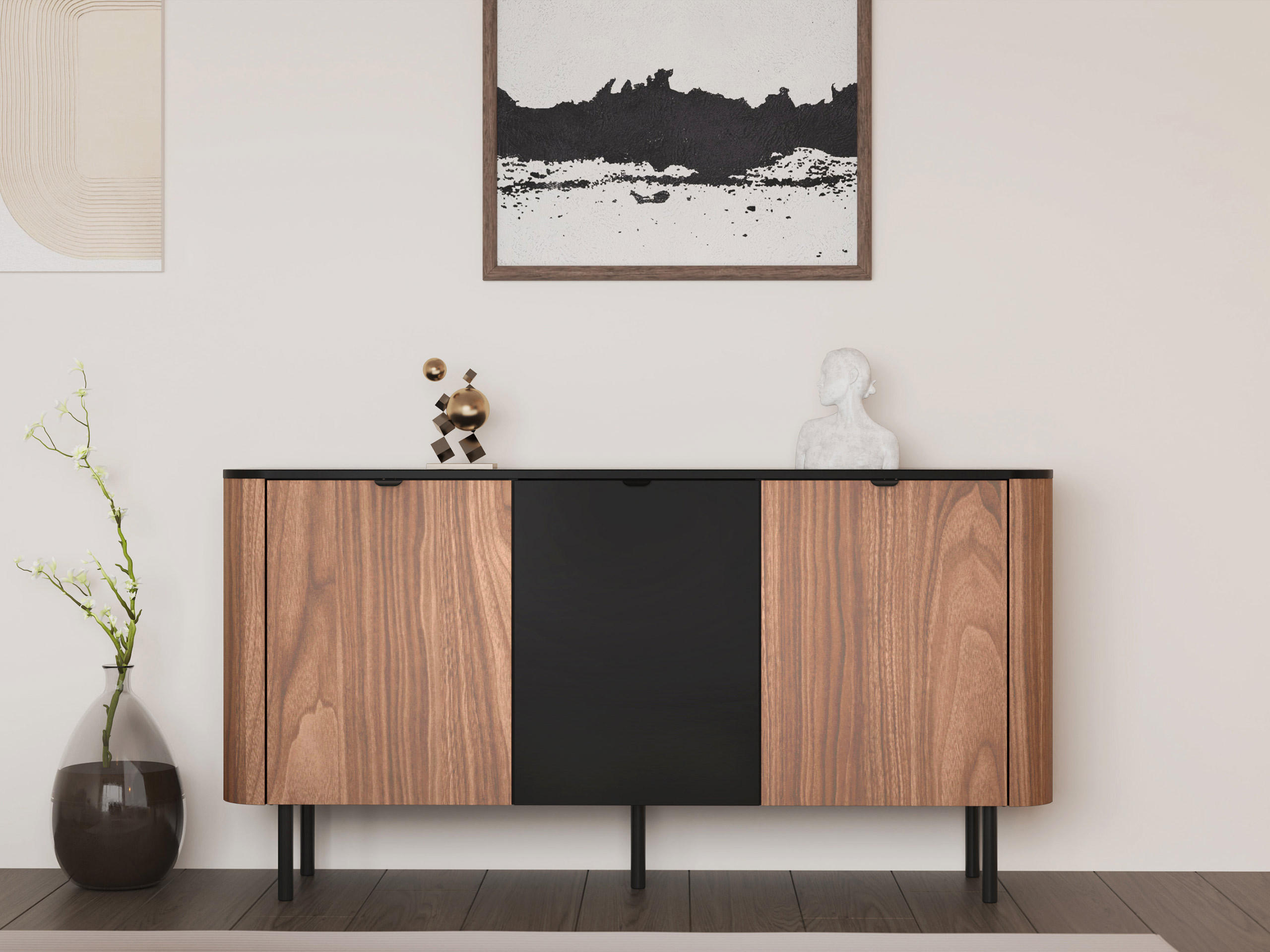 TV-ELEMENT Pero 150 02 - Nussbaumfarben/Schwarz, Holzwerkstoff/Metall (151/55/39cm) - MIRJAN24