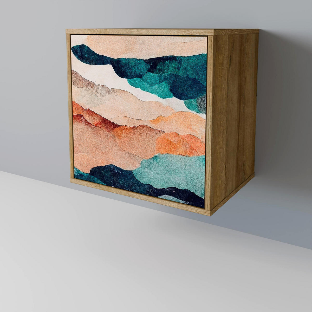 SIDEBOARD ABSTRACT LANDSCAPE, Eichefarben, 57,5x42x67,5 cm, Schwarze Metall-Rahmenfüße - Eichefarben/Multicolor, Holzwerkstoff/Metall (57.5/67.5/42cm) - SpaceRebels