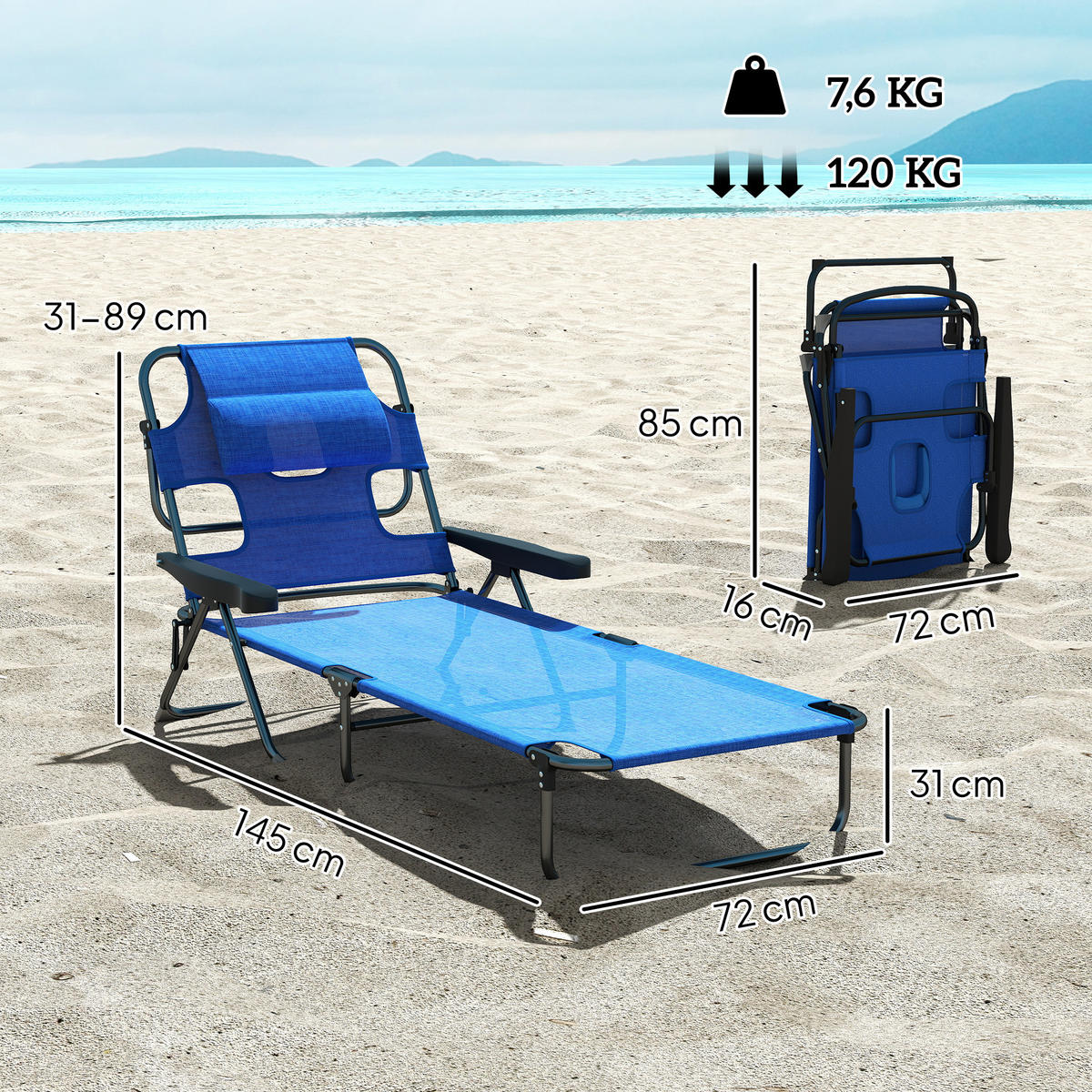 SONNENLIEGE Gartenliegen Relaxliege, klappbar, wetterbeständig, 194 cm x 72 cm x 31 cm, Schwarz + Dunkelblau - Blau, Metall (194/31/72cm)