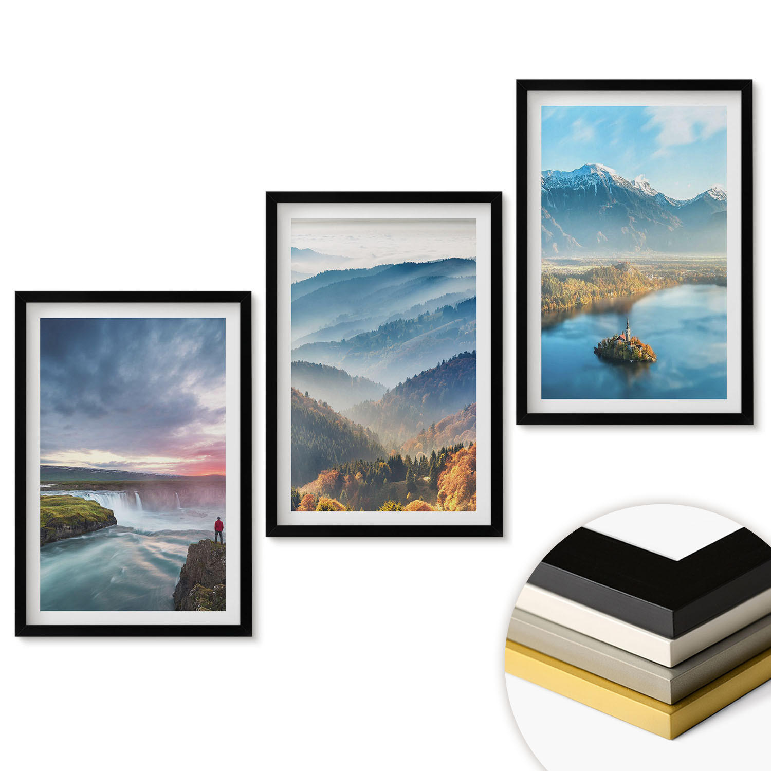 WANDBILDER 3er-Set - 40x60 cm Schwarzer Rahmen - Berglandschaften, Wasserfälle - Schwarz, Kunststoff (40/60cm) - ArtPrintCave
