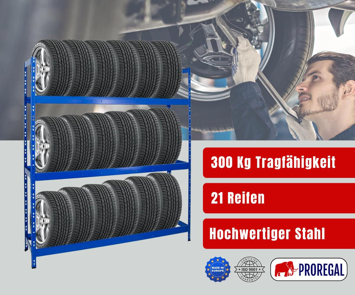 REIFENREGAL Tiger XL 200x180x45 cm 300 kg Fachlast bis zu 21 Reifen auf 3 Ebenen Blau - Blau, Metall (180/200/45cm) - PROREGAL