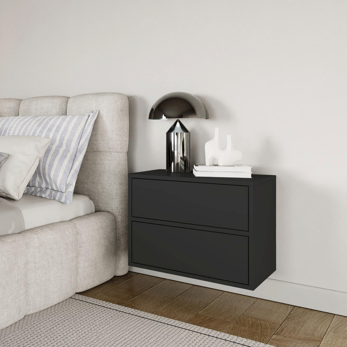 NACHTTISCH hängend Framme Schwarz mit 2 Schubladen, 50 cm - Schwarz, Holzwerkstoff (50/40/36cm) - Selsey