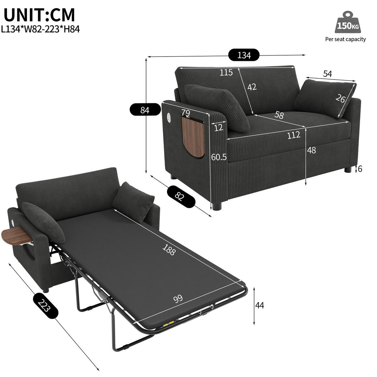 SCHLAFSOFA 2-Sitzer ausziehbar mit USB und Seitentisch, Grau - Grau, Textil (134/84/82cm)