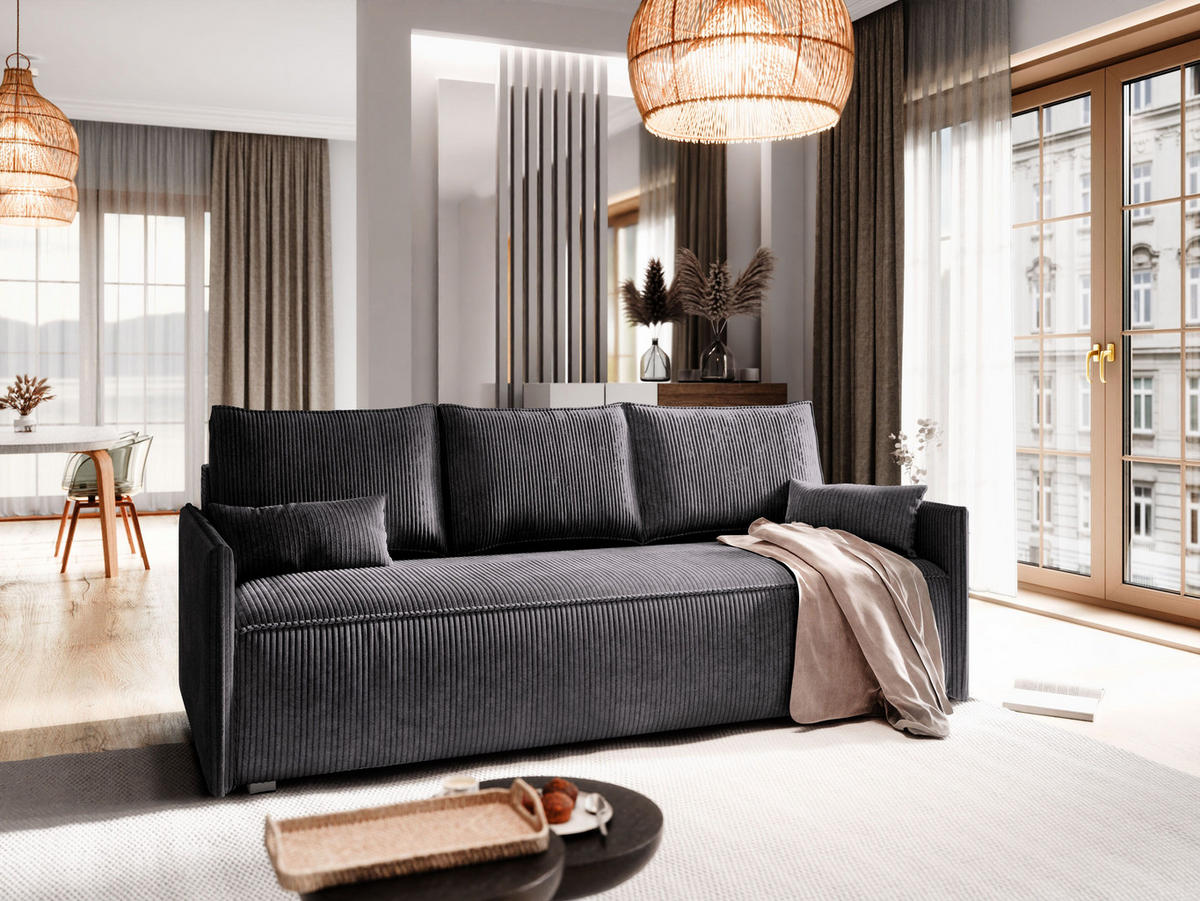 BETTSOFA MESTOR Graphitfarben Kordstoff mit Schlaffunktion - Graphitfarben, Textil (206/83/87cm) - MASSENO