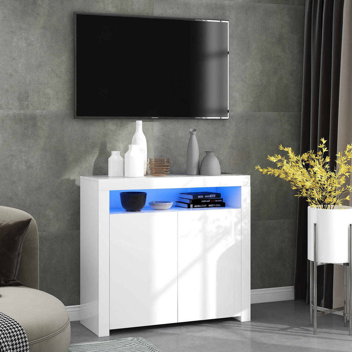 SIDEBOARD LED Weiß Hochglanz Stauraum TV-Schrank Modern - Weiß, Holzwerkstoff (40/92/108cm) - FLIEKS