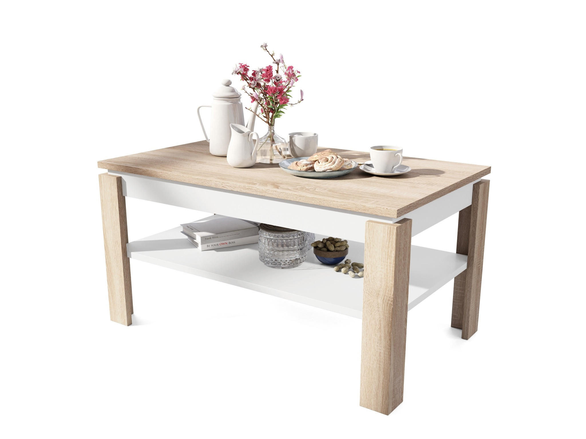 COUCHTISCH rechteckig Sonoma Weiß höhenverstellbar 100/60/55 cm - Weiß/Sonoma Eiche, Holzwerkstoff (60/100/55cm) - designimpex