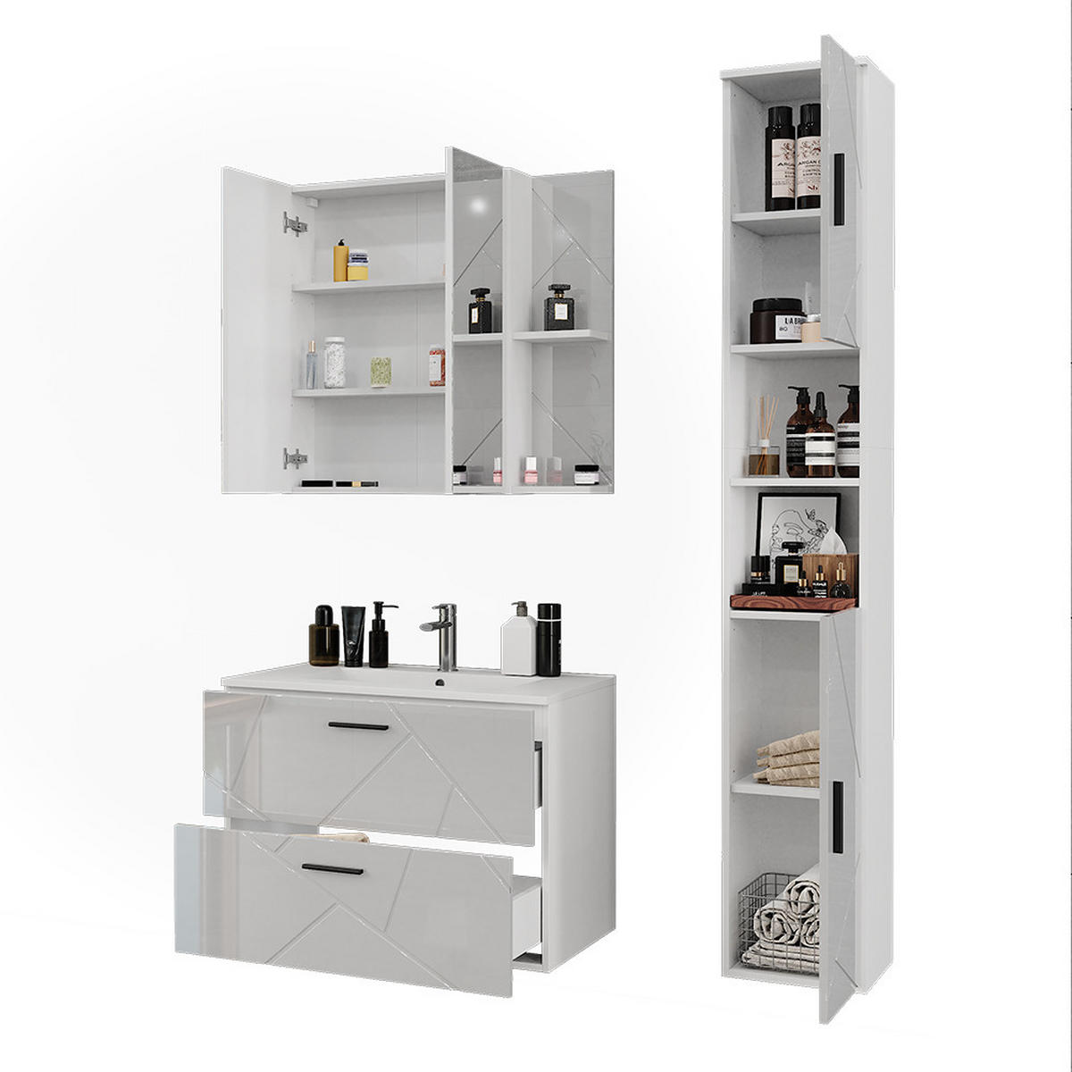 SADA KOUPELNOVÉHO NÁBYTKU Irma Bílá/bílý vysoký lesk - vysoce lesklá bílá, kompozitní dřevo (80/57/44.6cm) - Vicco