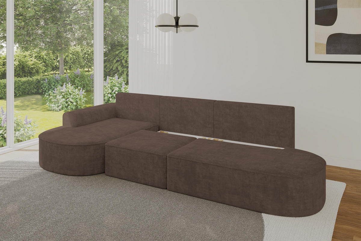 ECKSOFA mit Schlaffunktion Ottomane Links MARI L2-S 368X167X85 Braun Velours - Alteiche/Schwarz, Holzwerkstoff/Kunststoff (368/167cm) - ALTDECOR