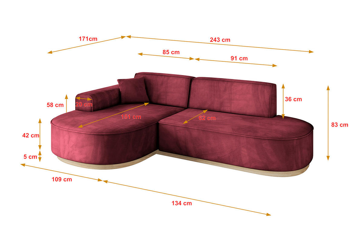 ECKSOFA Ottomane Links MARI-L1-v1 - 243x171x83 cm Bordeaux Velours - Bordeaux, Holzwerkstoff/Textil (243/171cm) - ALTDECOR