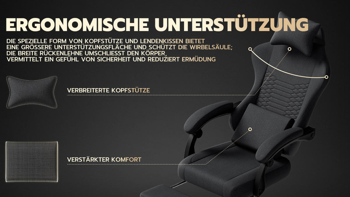 GAMING-STUHL ergonomisch Stoff Schwarz mit Fußstütze - Schwarz, Kunststoff (63/120.5/58.5cm) - Meubliv
